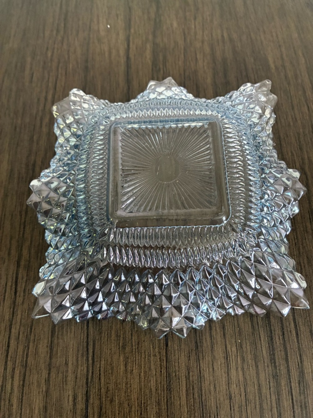 Antique- Indiana Glass, Pale Blue, Diamond Point, Ruffled Square Dish/Plate